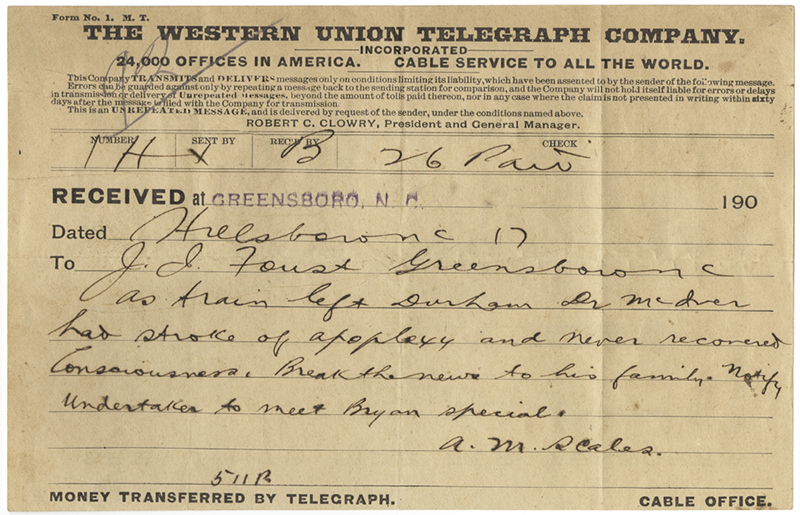 Telegram announcing McIver's death