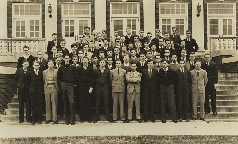 Male students on campus during the Depression