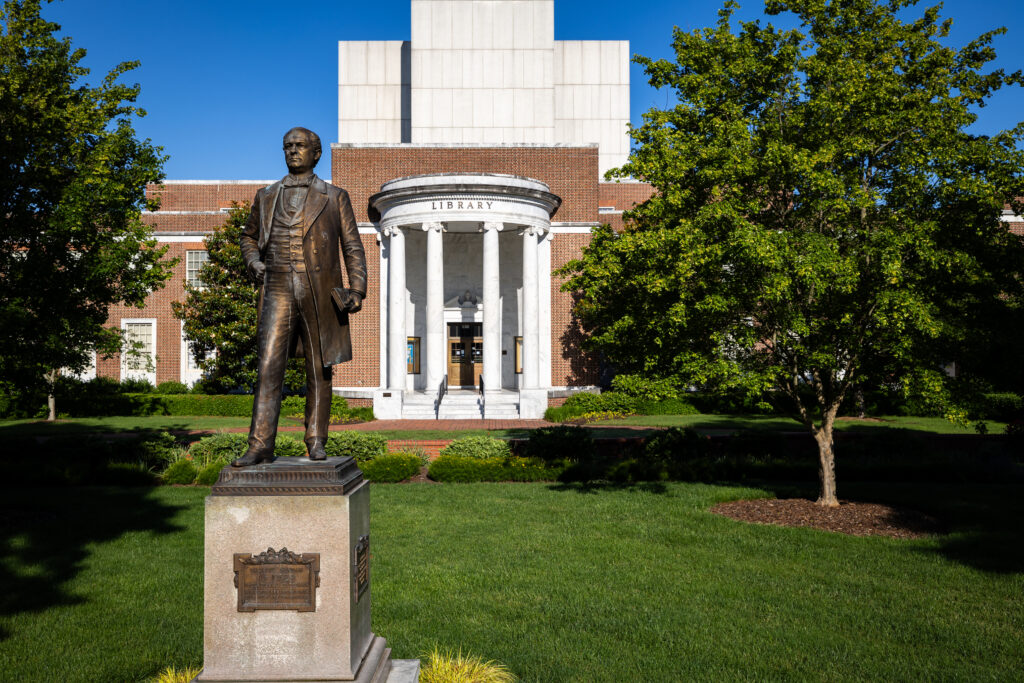 McIver Statue and library tower
