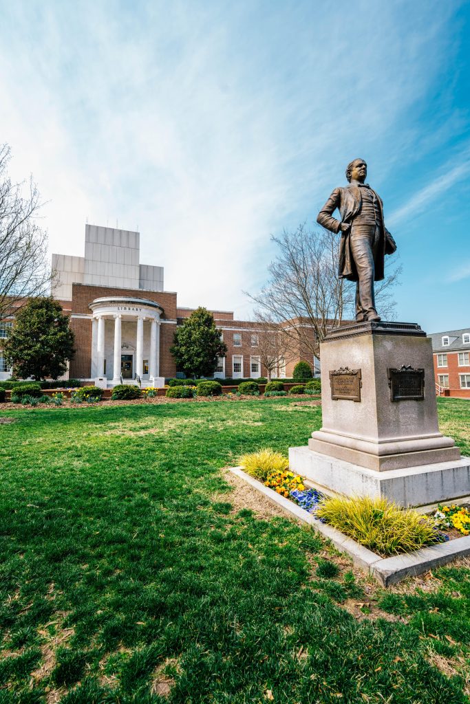 Library front lawn with the statue of McIver