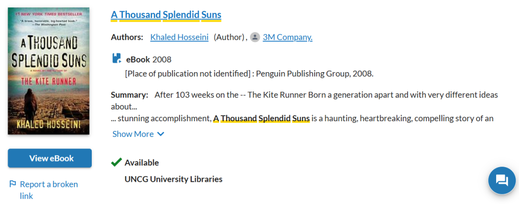 A library catalog listing for a book called A Thousand Splendid Suns by Khaled Hosseini.