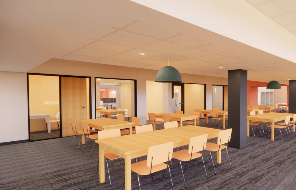 An architectural rendering with tables and chairs and office spaces.