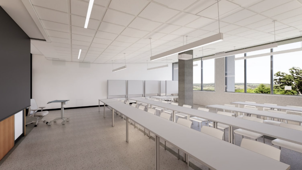 An architectural rendering of a large, modern classroom.